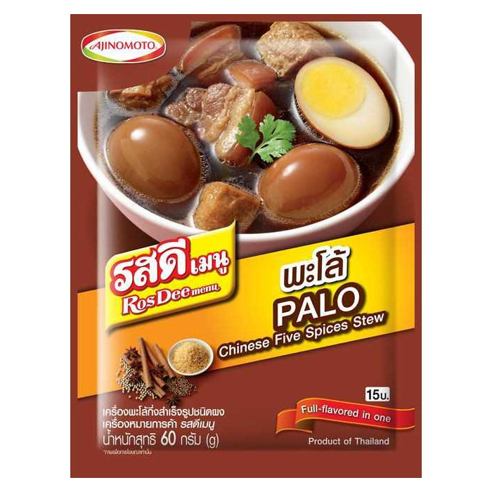 Front of Ajinomoto RosDee Palo Five Spice Stew Seasoning (60g) – Features a delicious bowl of braised pork belly, eggs, and tofu in a rich, dark broth.
