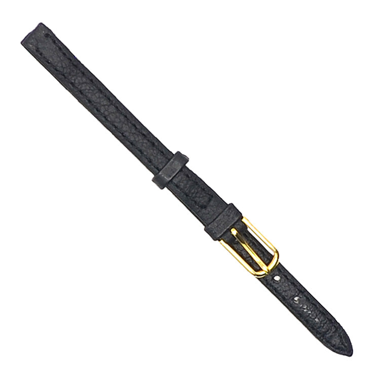 Black genuine leather watch strap with gold buckle shown at an angle.