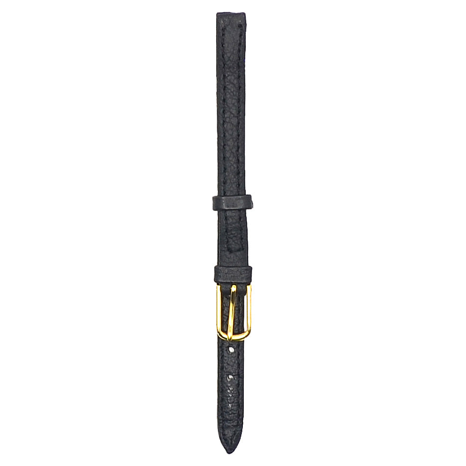 Black genuine leather watch strap with gold buckle shown vertically.