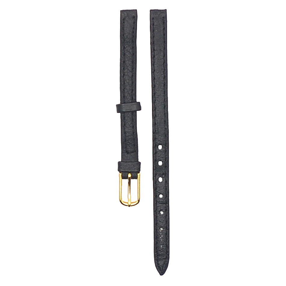 Black genuine leather watch strap with gold buckle separated into two parts, top view.