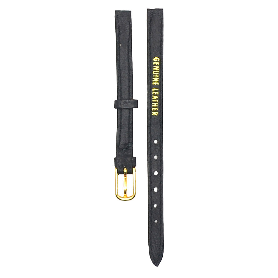 Reverse side of black leather watch strap showing "Genuine Leather" text in gold.