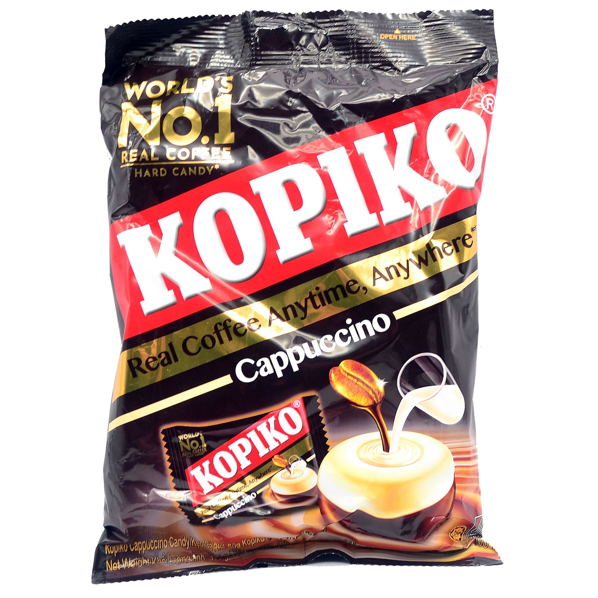 Front of Kopiko Cappuccino Coffee Hard Candy 350g Bag – The packaging features the iconic Kopiko red and gold branding, with an image of a coffee bean dissolving into a creamy cappuccino hard candy.