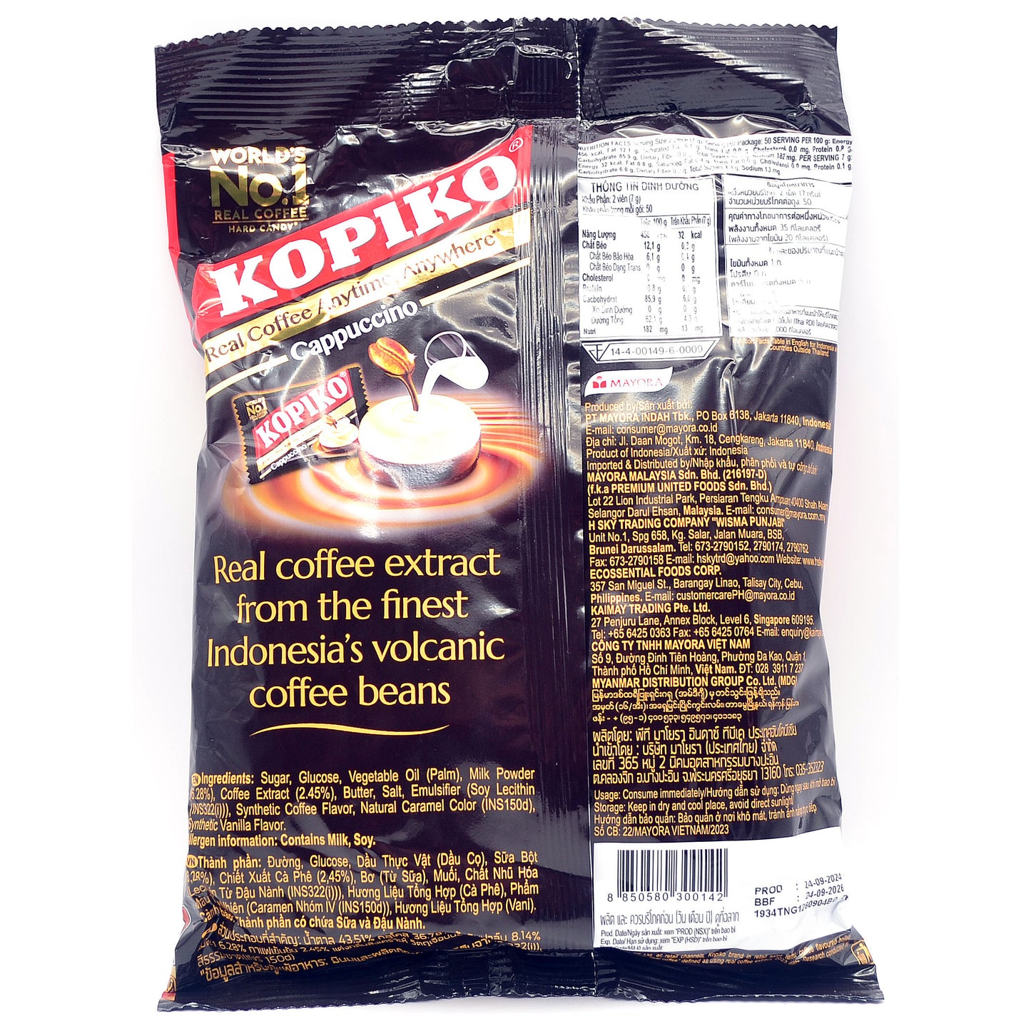 Back of Kopiko Cappuccino Candy Bag – Displays product details, ingredients, nutritional information, and manufacturer details.