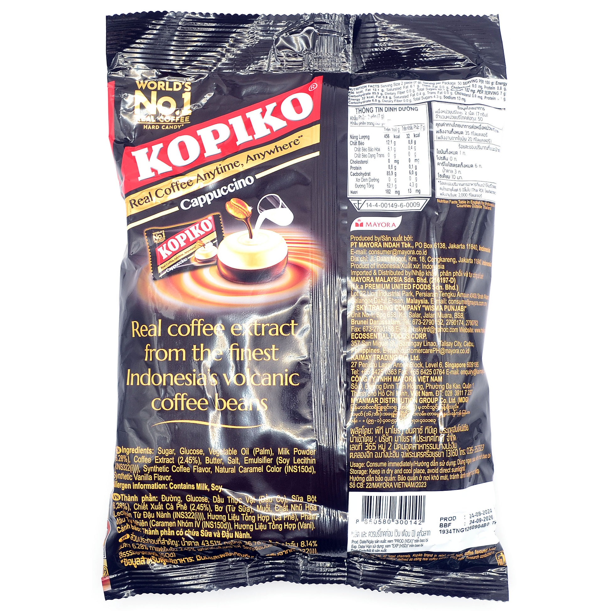 Back of Kopiko Cappuccino Candy Bag – Displays product details, ingredients, nutritional information, and manufacturer details.
