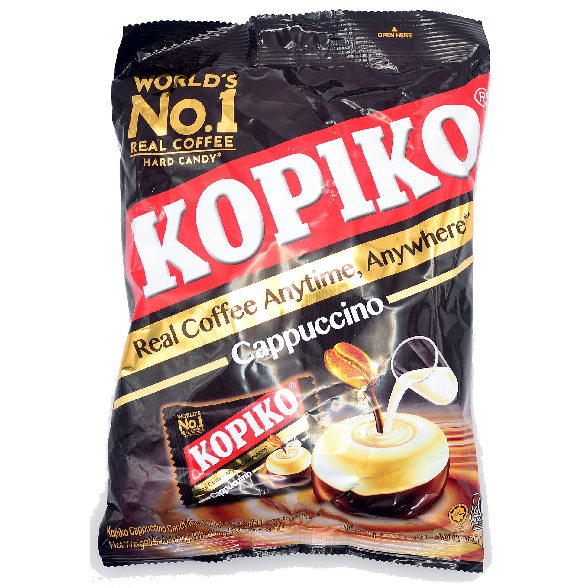 Front of Kopiko Cappuccino Coffee Hard Candy 350g Bag – The packaging features the iconic Kopiko red and gold branding, with an image of a coffee bean dissolving into a creamy cappuccino hard candy.