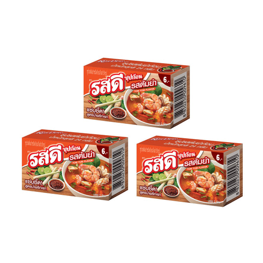 Three packs of Ajinomoto RosDee Tom Yum Flavor Stock Cubes, each containing 6 cubes. The packaging features a vibrant red design with an image of Tom Yum soup, fresh herbs, and chili. Authentic Thai soup seasoning for quick and flavourful meals