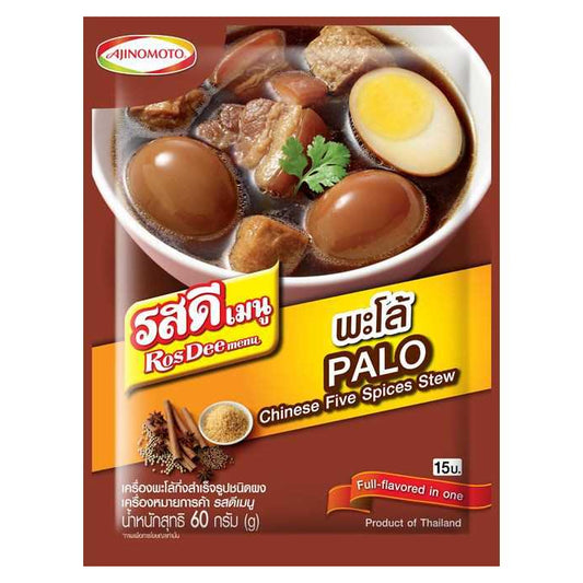 Front of Ajinomoto RosDee Palo Five Spice Stew Seasoning (60g) – Features a delicious bowl of braised pork belly, eggs, and tofu in a rich, dark broth.