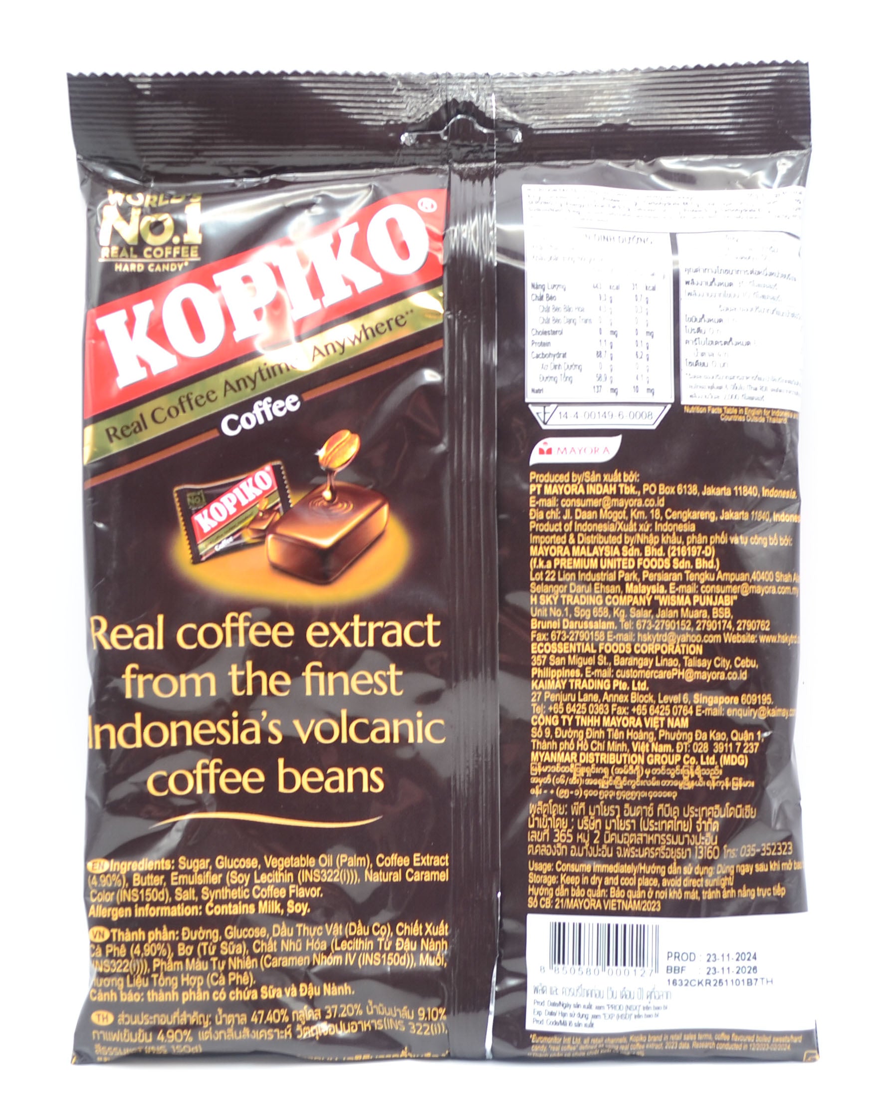 Back view of a 350g bag of Kopiko Coffee Hard Candy, displaying product details, ingredients, and nutritional information. The packaging highlights the use of real coffee extract from Indonesia’s volcanic coffee beans, with text in multiple languages and a barcode at the bottom