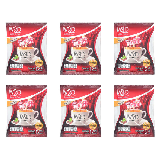 Image displaying six sachets of Preaw Instant Coffee (12g each). The packaging is red and white, featuring a steaming cup of coffee and highlighting its sugar-free formula with added Chromium