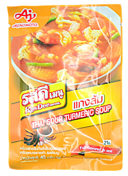 Front of Ajinomoto RosDee Thai Sour Turmeric Soup Mix (40g) – Features bright orange packaging with an image of spicy, tangy Thai turmeric soup with shrimp and vegetables.