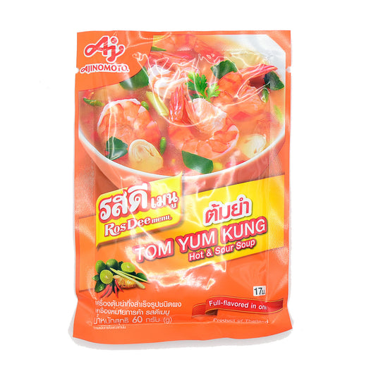 Ajinomoto RosDee Tom Yum Kung Hot & Sour Soup Powder 60g – Authentic Thai seasoning mix with shrimp, lemongrass, and spices for a rich and flavourful soup.