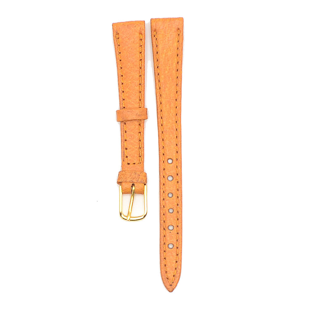 Tan pigskin leather watch strap secured, showcasing its elegant design and gold buckle.