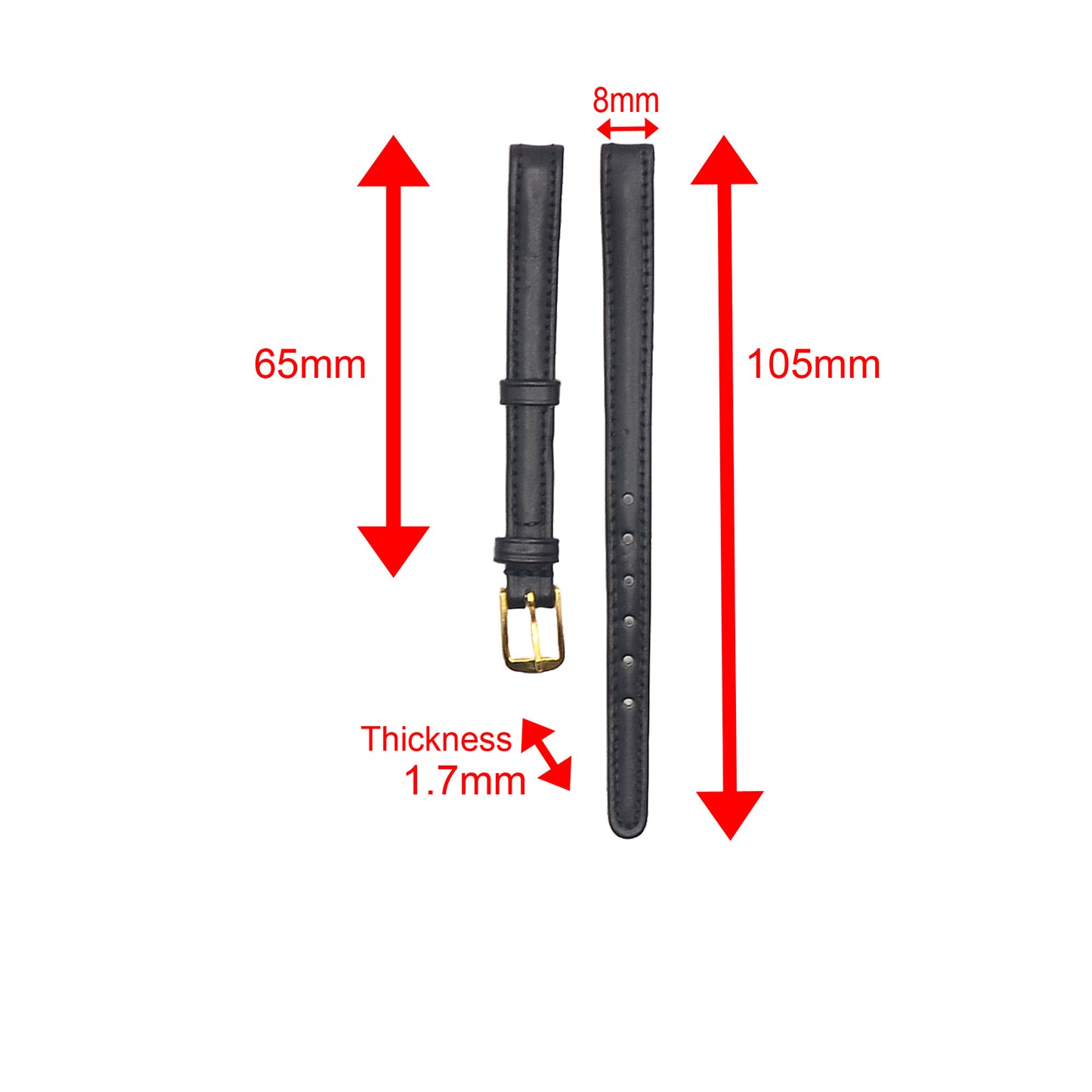 Black Leather 8mm Watch Strap with Gold Buckle Slim Elegant Design
