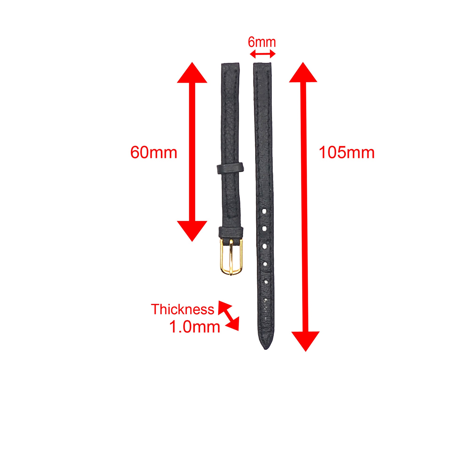 Diagram of black leather watch strap with measurements — 6mm width, 60mm short strap length, 105mm long strap length, and 1.0mm thickness.